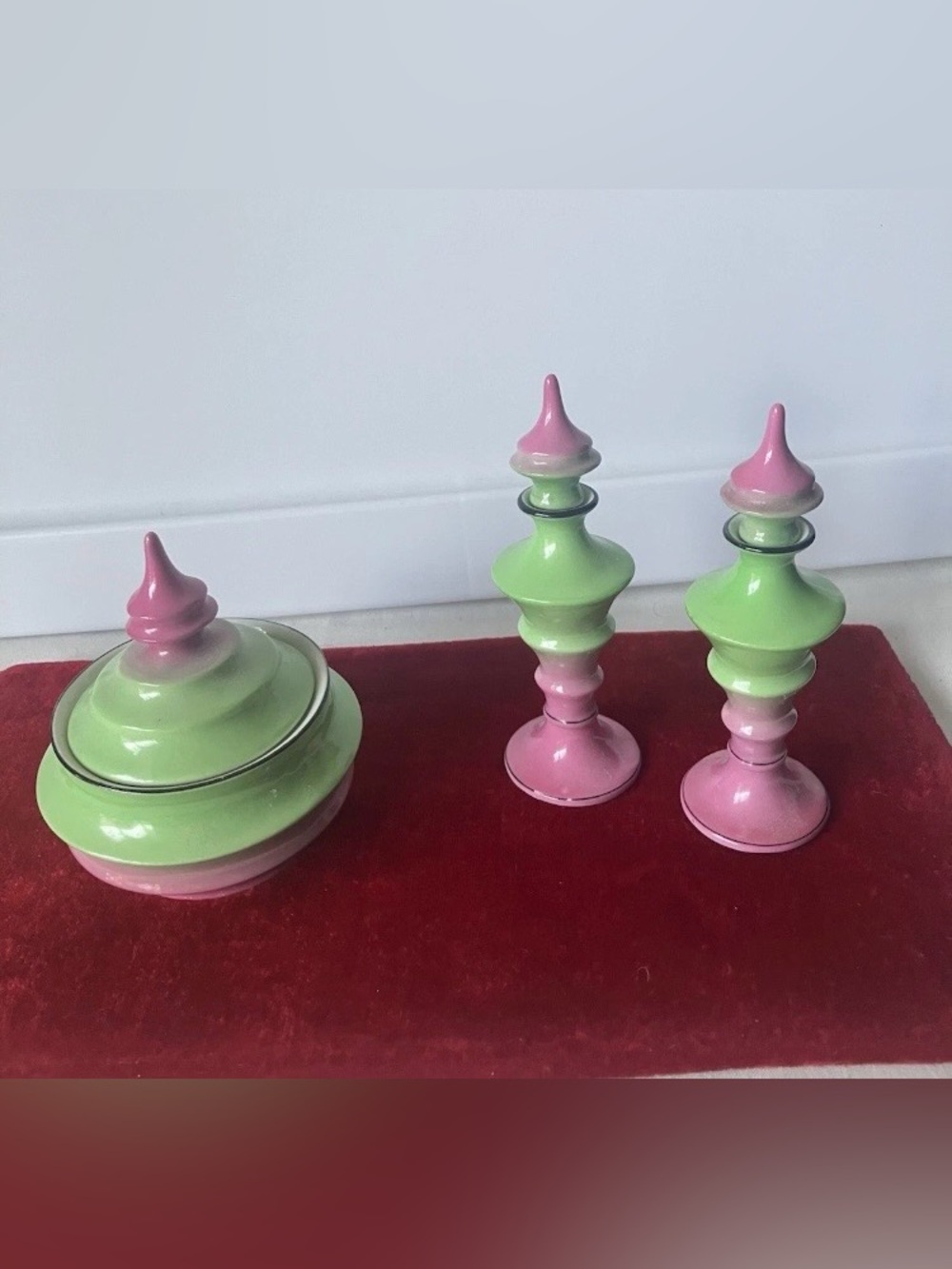 Art Deco Vtg Watermelon Bavaria Porcelain Vanity Set Covered Powder 2 Perfume.